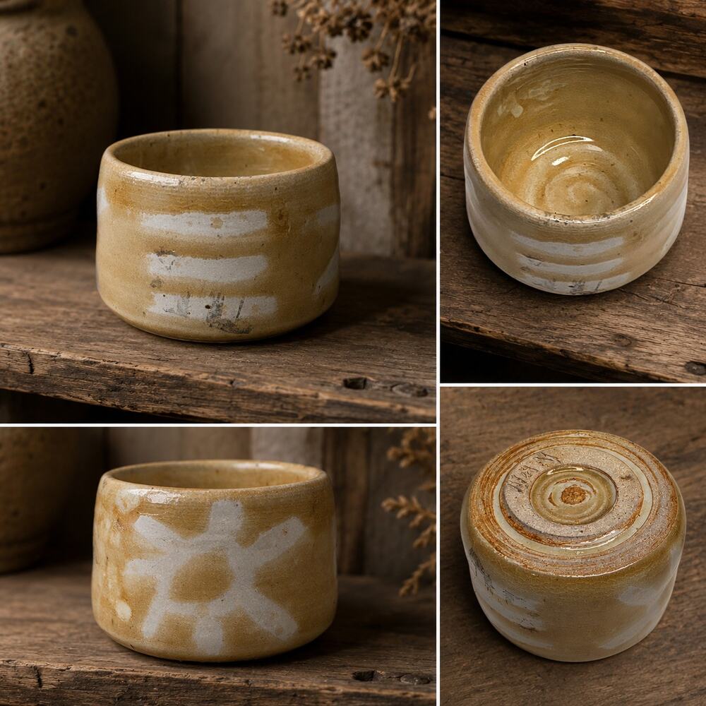 Signed NAN Studio Pottery Bowl Beige White Abstract Glaze Handmade